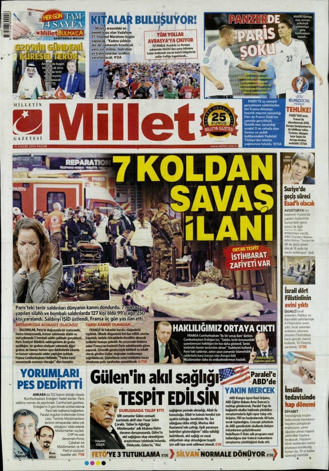 15 Kasım 2015 gazete manşetleri 15