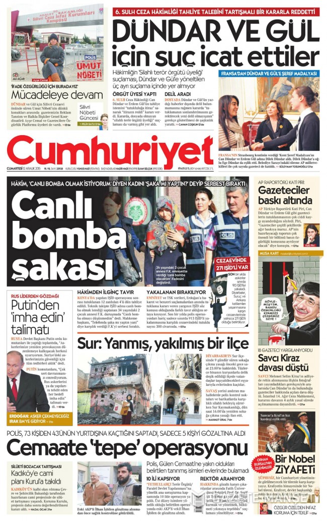 Bugünkü gazete manşetleri 12. 12. 2015 4