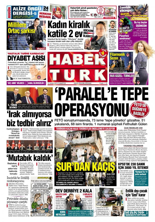 Bugünkü gazete manşetleri 12. 12. 2015 10
