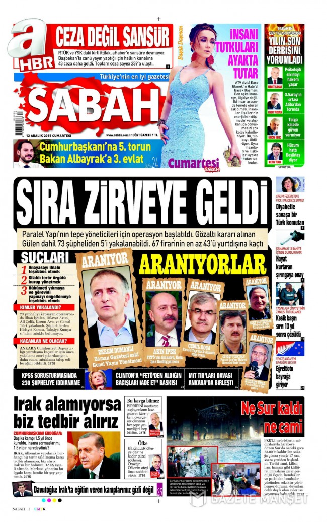 Bugünkü gazete manşetleri 12. 12. 2015 18