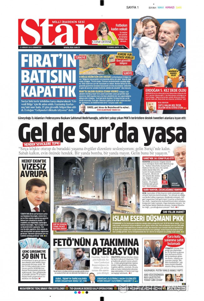 Bugünkü gazete manşetleri 12. 12. 2015 20
