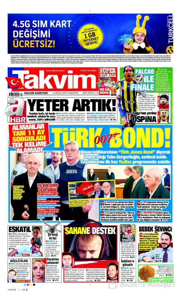 Bugünkü gazete manşetleri 12. 12. 2015 21