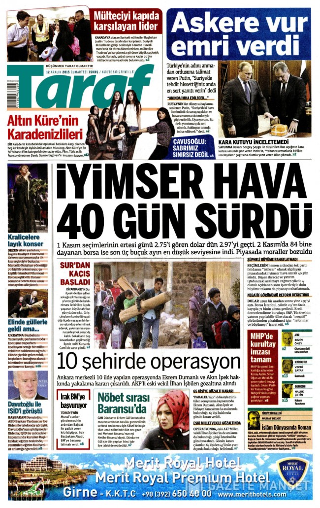 Bugünkü gazete manşetleri 12. 12. 2015 22