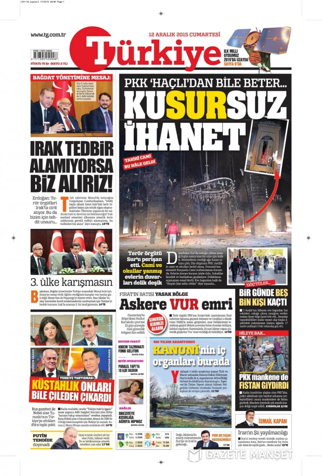 Bugünkü gazete manşetleri 12. 12. 2015 23
