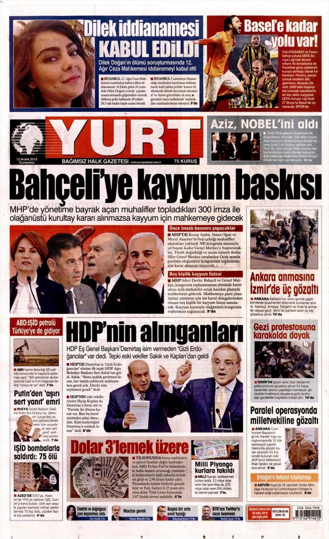Bugünkü gazete manşetleri 12. 12. 2015 30