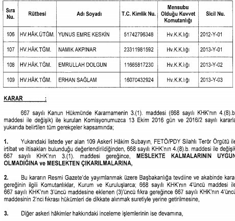 TSK'dan ihraç edilen 109 askeri hakim subayın isim listesi 10