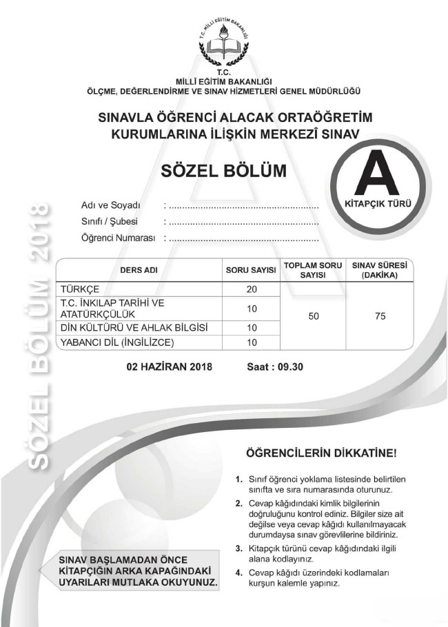 2018 LGS soruları ve cevapları... 2