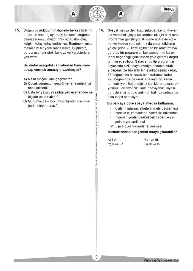 LGS soru ve cevapları sözel (2019) 8