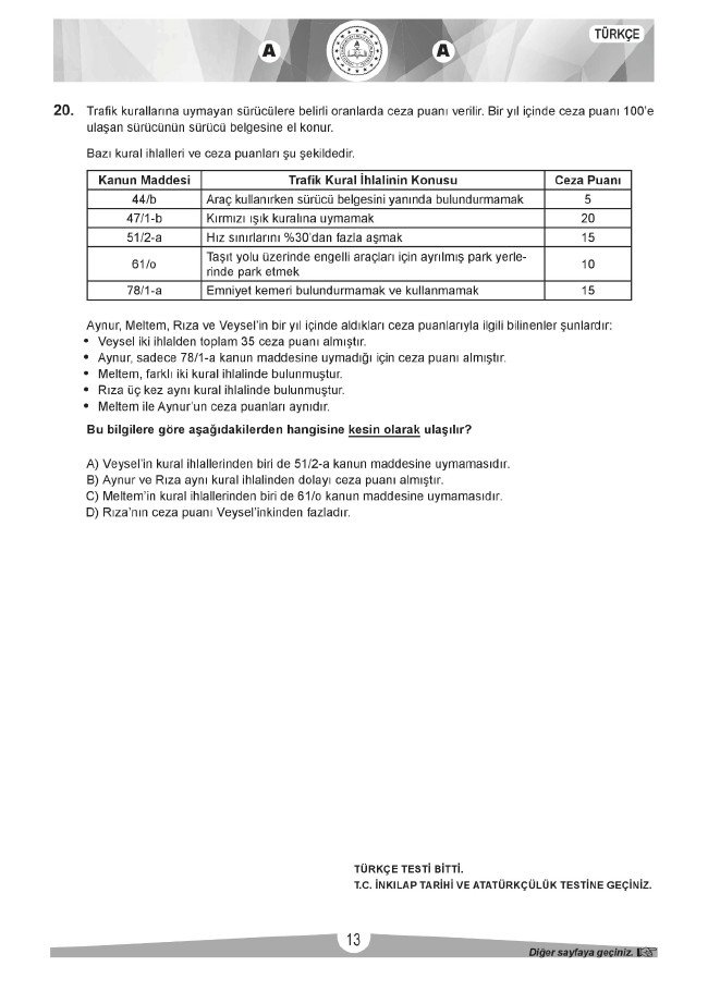 LGS soru ve cevapları sözel (2019) 12