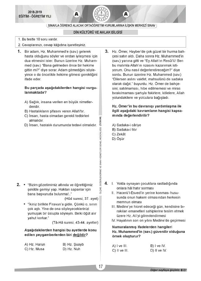 LGS soru ve cevapları sözel (2019) 16
