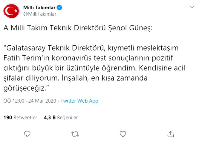 Koronavirüs testi pozitif çıkan Fatih Terim'e destek mesajı yağdı 19