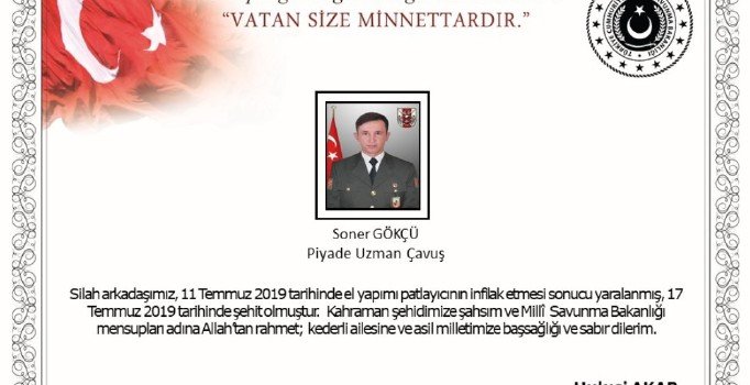 Bakan Akar'dan şehit Soner Gökçü başsağlığı mesajı