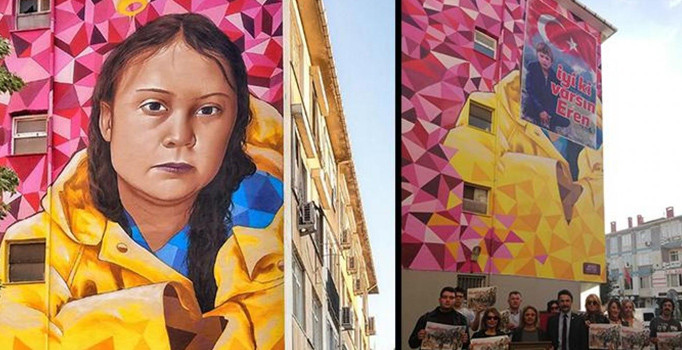 Vatan Partisi, Greta Thunberg'in resmini Eren Bülbül pankartıyla kapattı