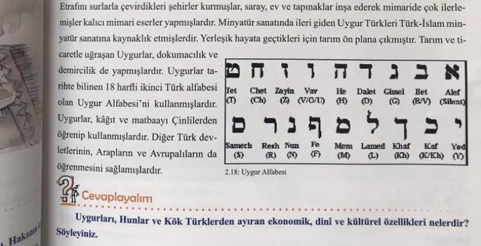Ders kitabına Uygur alfabesi yerine İbrani alfabesini basmışlar