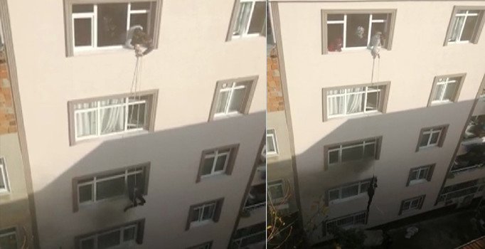 Yangında mahsur kalan hamile kadın, ip yardımıyla kurtarıldı