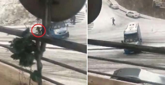 Ankara'da bir yolcu karın üstünde kayan minibüsten aşağıya atladı