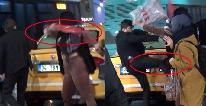 Taksim’de taksici ile turistin şemsiyeli tekmeli kavgası kamerada