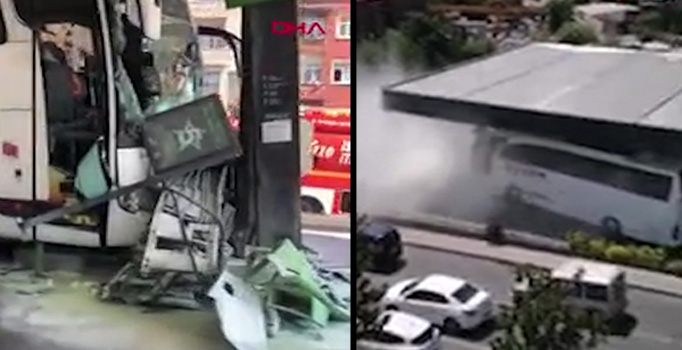 Gaziosmanpaşa'da el freni çekilmeyen otobüs benzin istasyonuna daldı