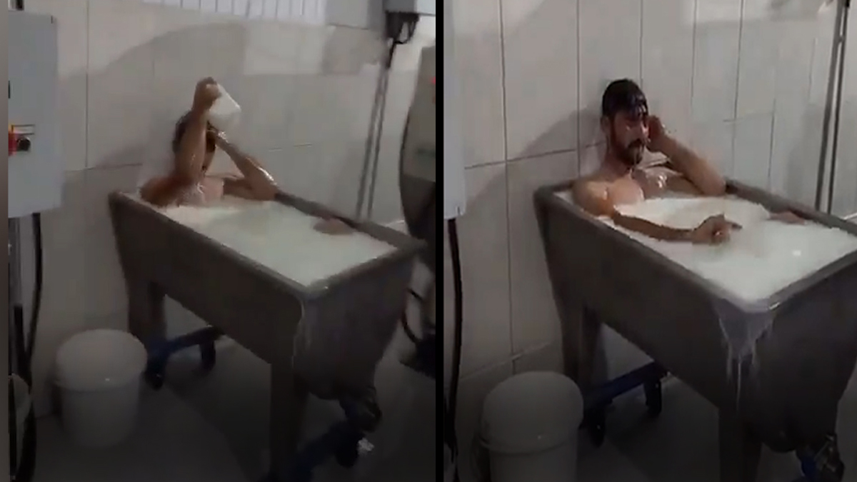Süt fabrikasında skandal görüntüler: Süt kazanın içine girip banyo yaptı