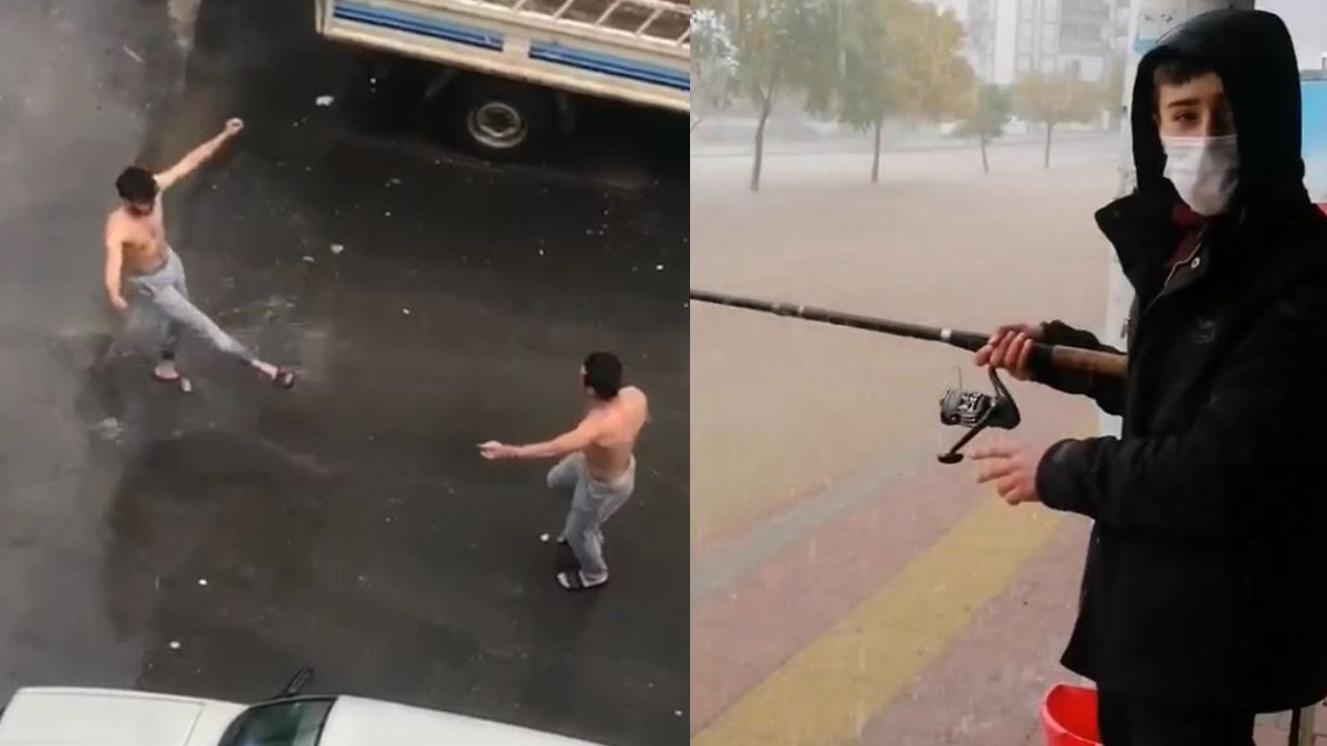 Antalya’da ilginç görüntüler! İki genç yağmur eşliğinde oyun havası oynadı