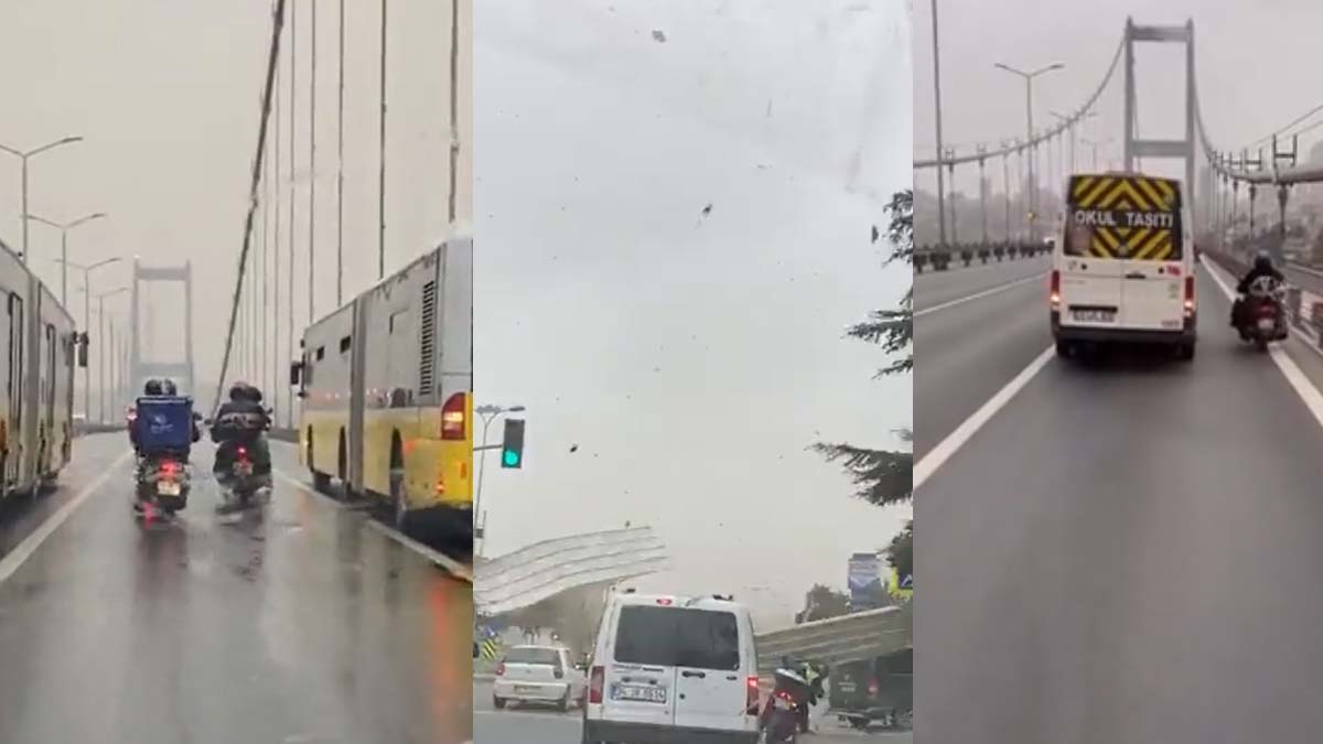 Fırtınada köprüden geçmeye çalışan moto-kuryelere metrobüs siper oldu