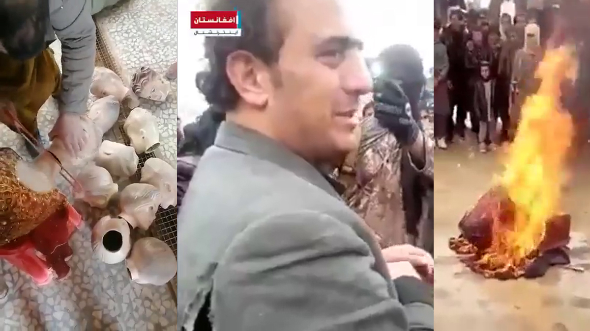 Taliban müzisyene müzik aletini yaktırıp videoya çekti