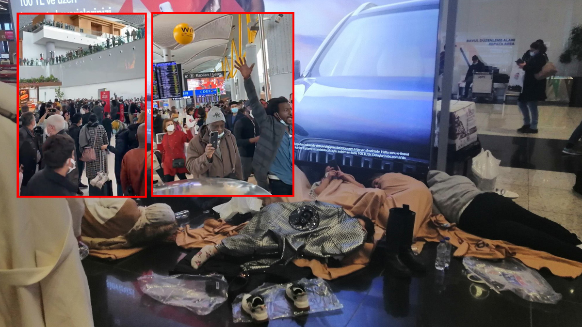 İstanbul Havalimanı'nda mahsur kalan turistlerden protesto