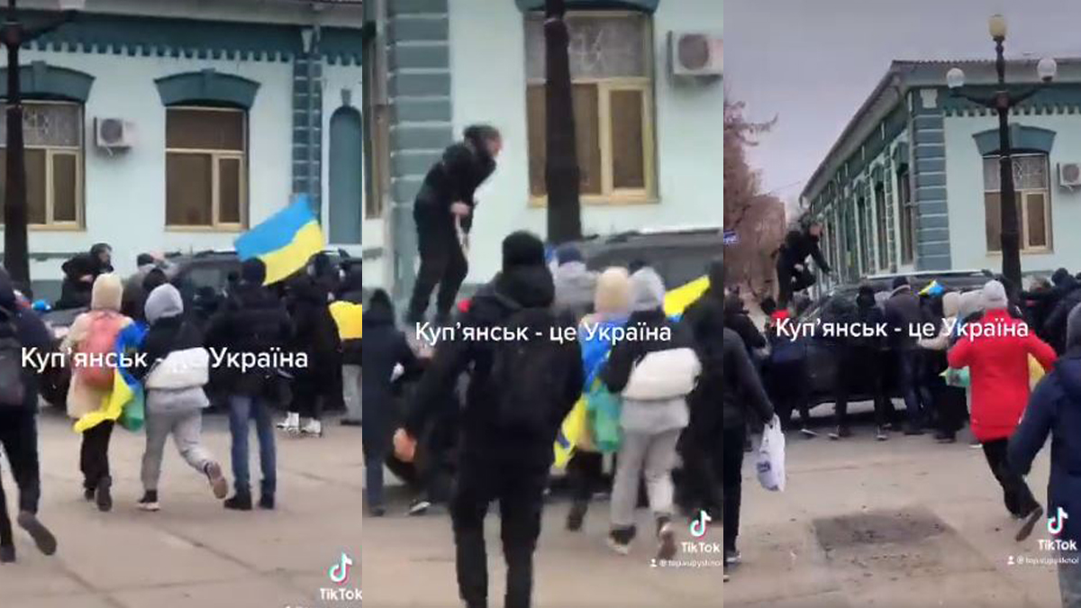 Ukrayna'dan dikkat çeken görüntüler: Silahsız şekilde Rus aracının önünde durdular