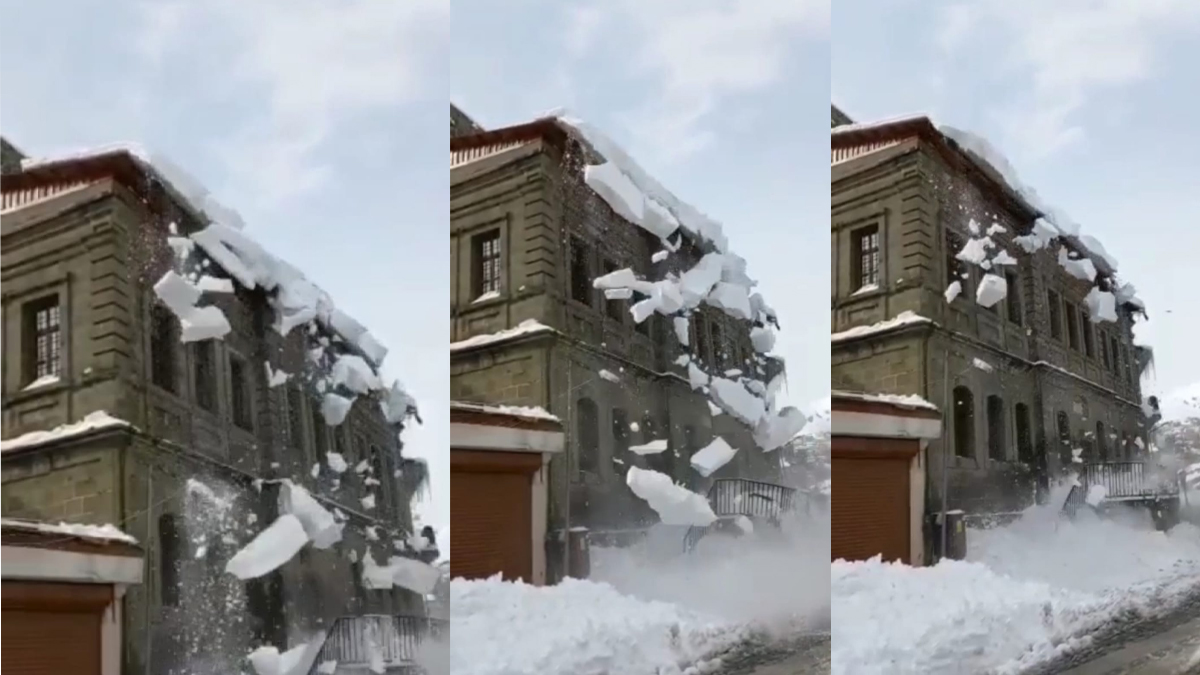 Çatıda biriken kar yığınları çığ gibi düştü; o anlar kamerada