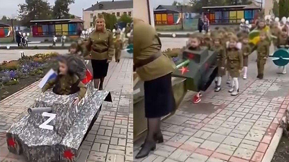 Rusya'dan tepki çeken görüntüler! Minik çocukları tanka çevirdiler