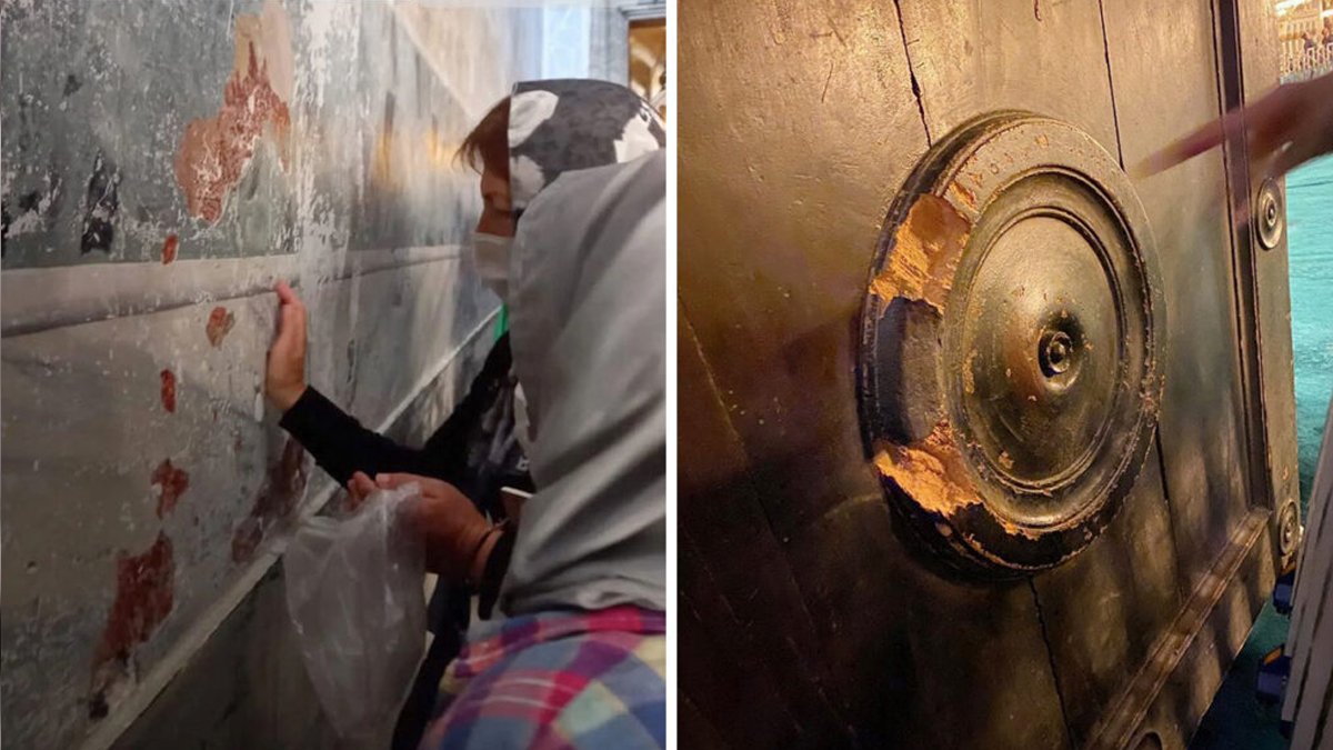 Ayasofya'da yeni tahribat iddiası: Duvarları kazıyıp poşete doldurdular