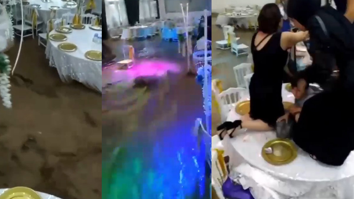 Burdur'da düğün salonunu sel bastı! Masaların üzerine çıkarak kurtuldular