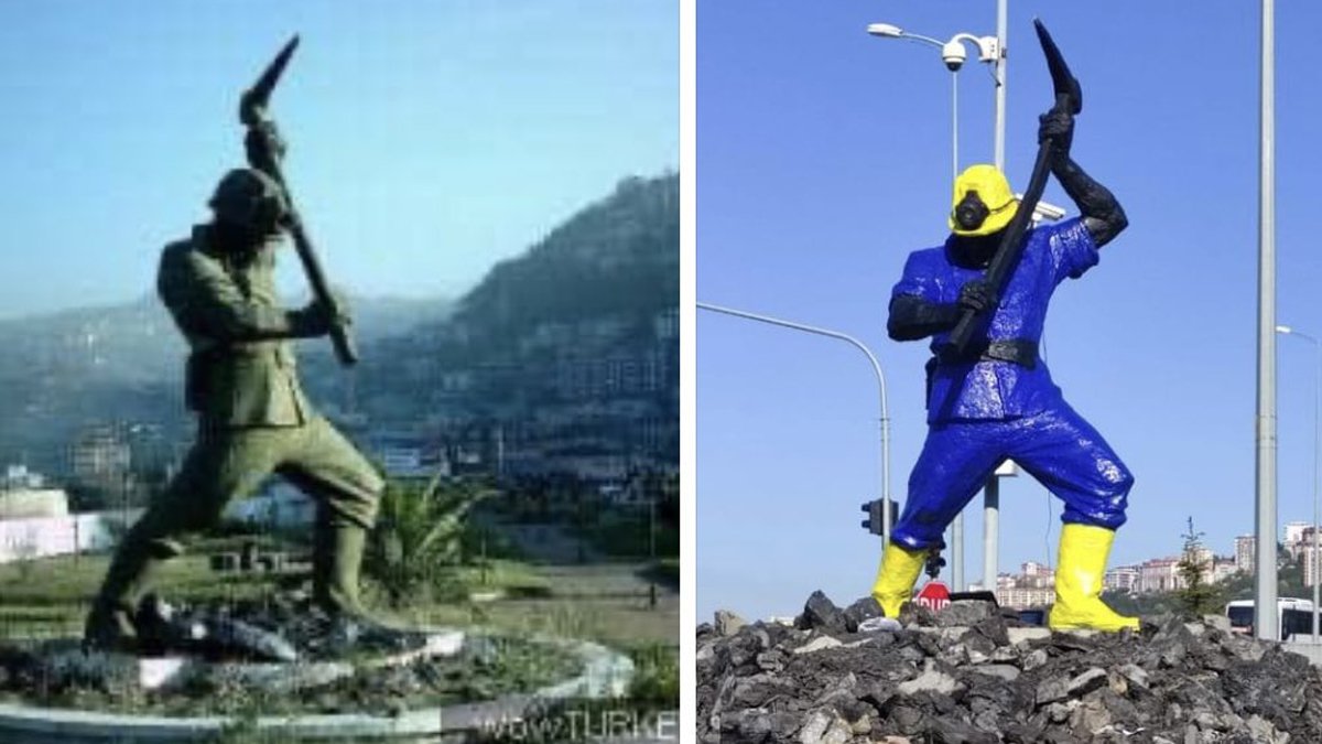 Kozlu'daki madenci heykelinin sarı-mavi renklere boyanmasına heykeltıraş Yurdanur'dan tepki