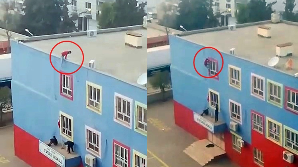 Yürekler ağza geldi! Okul çatısından pencerelere tutunarak inen çocuk kamerada