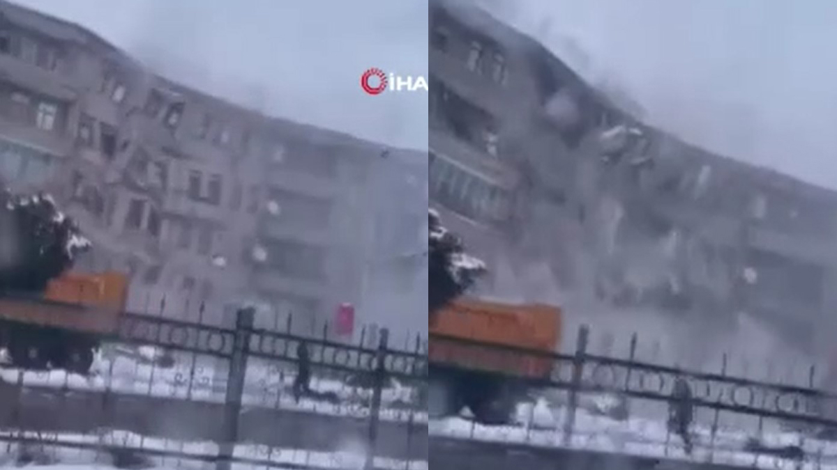 İlk depremde hasar gören bina ikinci depremde yerle bir oldu! Korku dolu anlar ve çığlıklar kamerada