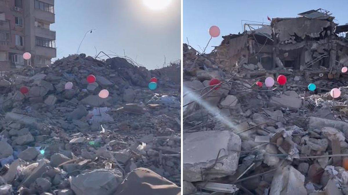 Enkaz alanına onlarca balon bağlandı! Sebebini öğrenenler gözyaşlarına hakim olamıyor