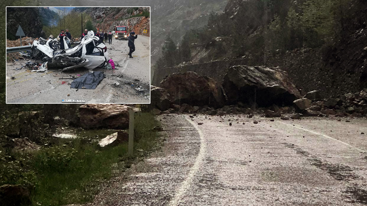 Adana'da yola dev kaya parçası düştü