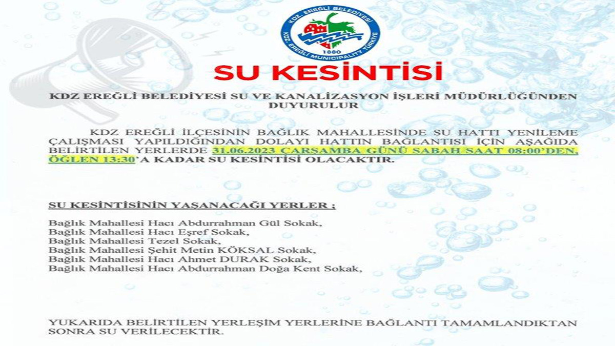 Bağlık Mahallesi’nde çarşamba günü su kesintisi yapılacak