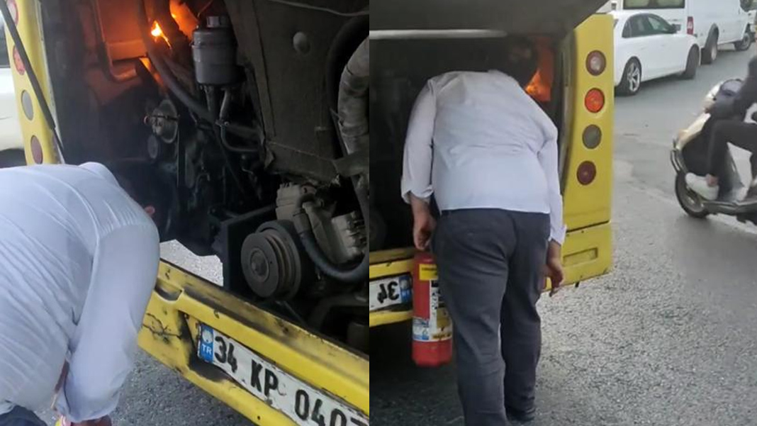 Panikleyen şoför alevleri görünce ne yapacağını şaşırdı: Üfleyerek söndürmeye çalıştı