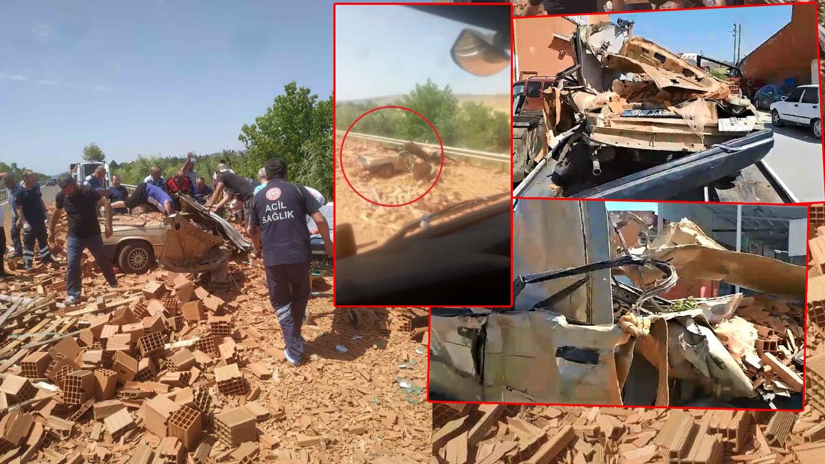 Tırdan dökülen tuğlalar otomobili kağıt gibi ezdi: Yaralılar var
