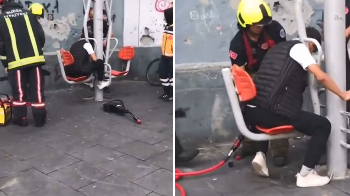 Bursa'da spor aletlerine sıkışan gencin yardımına itfaiye yetişti!