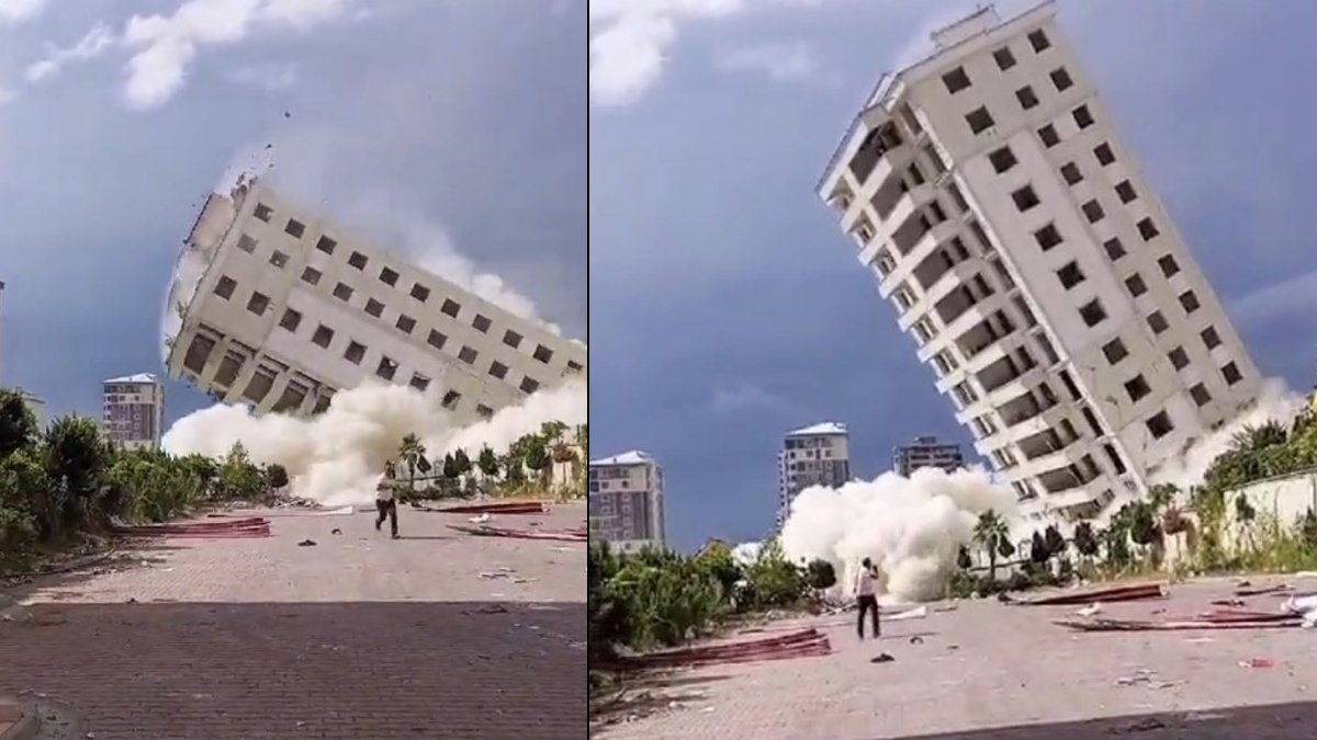 15 katlı bina yerle bir oldu: Hasarlı apartmanın yıkım anı kamerada