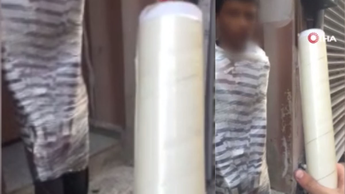 Bu görüntü Dexter dizisinden sahne değil! Gördükleriniz gerçek, hırsızı streç filmle sucuk gibi sardı