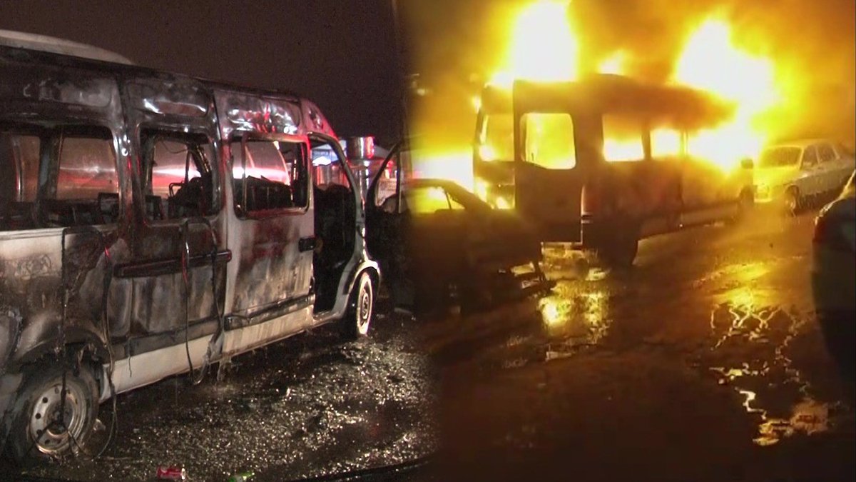 Alkol alan şahıslar park halindeki servisi ateşe verdi! Araç küle döndü ve...