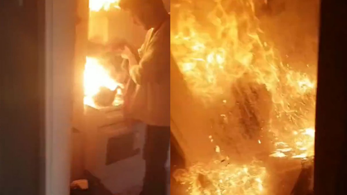 Mutfakta yemek yapmak isterken ortalığı yaktı: Korkunç anlar böyle görüntülendi