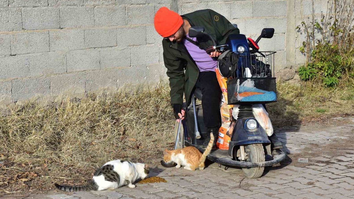Engelli genç 10 yıldır sokak sokak gezip hayvanları besliyor