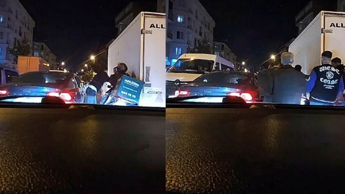 Trafikte dehşet anları! Magandalar kuryeyi defalarca darbetti