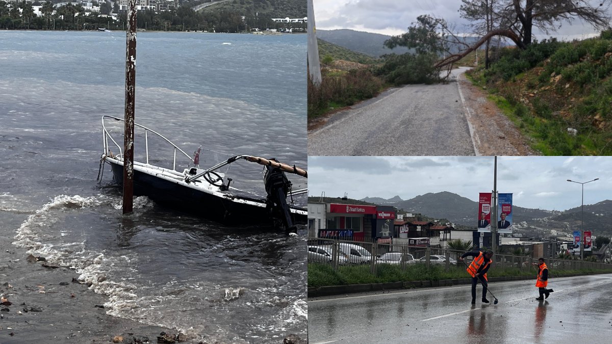 Ağaçlar devrildi, sokaklar göle döndü... Fırtına Bodrum'u vurdu!