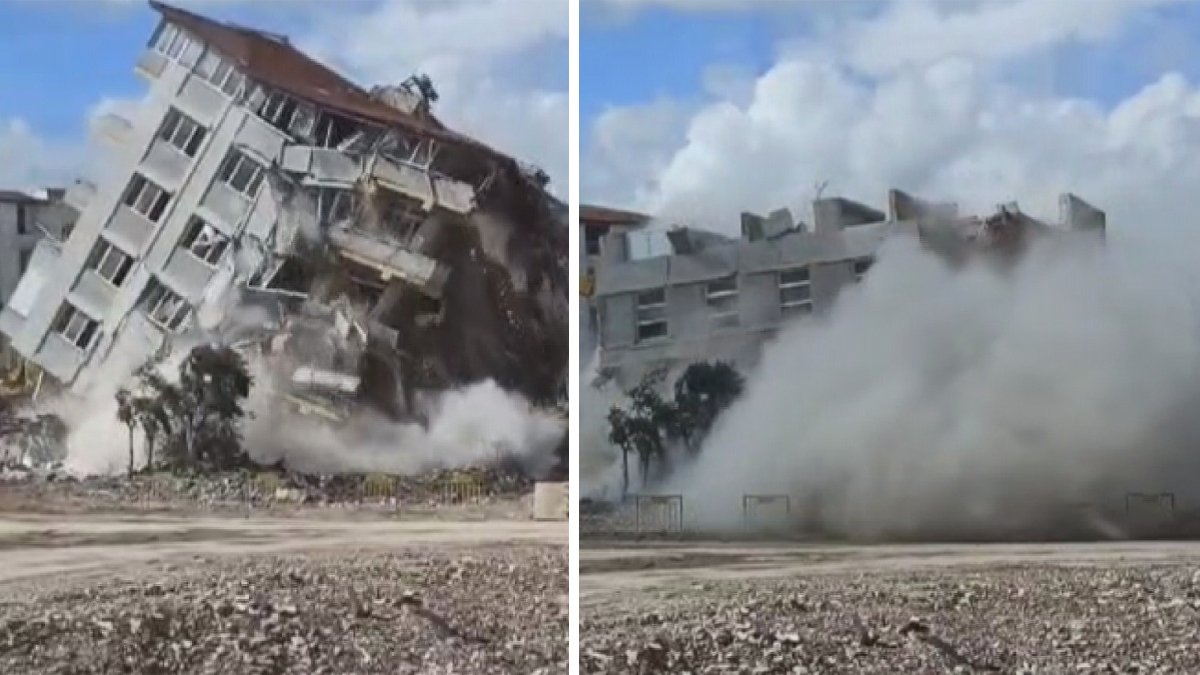 Halatla çekilen bina saniyeler içinde yerle bir oldu