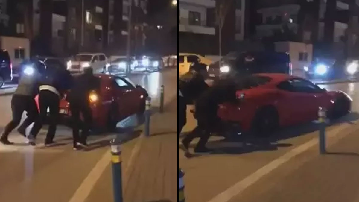 Ferrari yolda kaldı iterek kenara çektiler